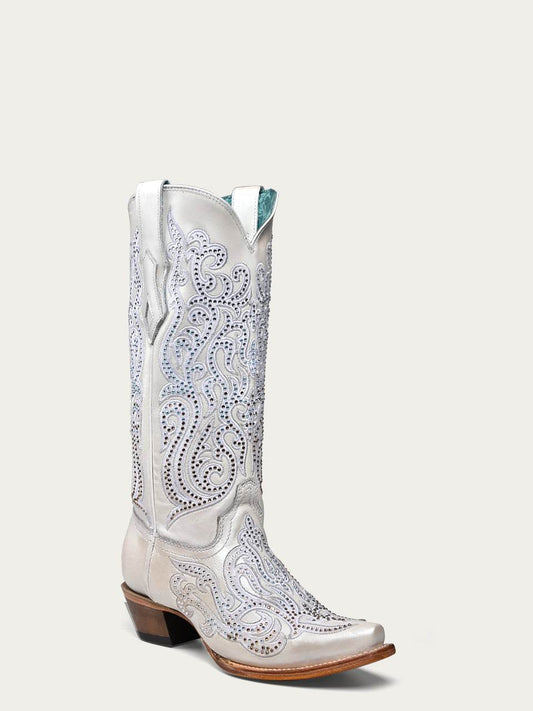 Women's Corral White Genuine Leather Boots with Embroidery & Crystals