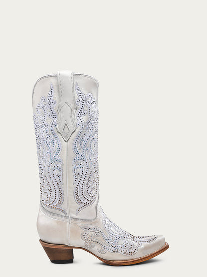 Women's Corral White Genuine Leather Boots with Embroidery & Crystals