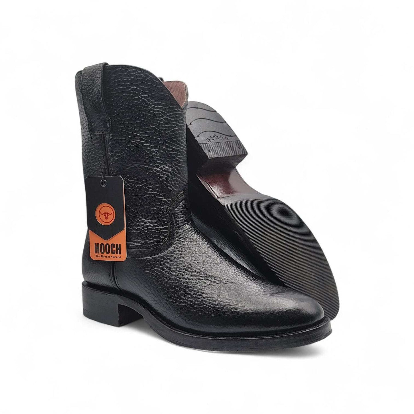 Hooch Boots Mens Roper Boot Black – Soft Genuine Leather Round Toe Western Boots