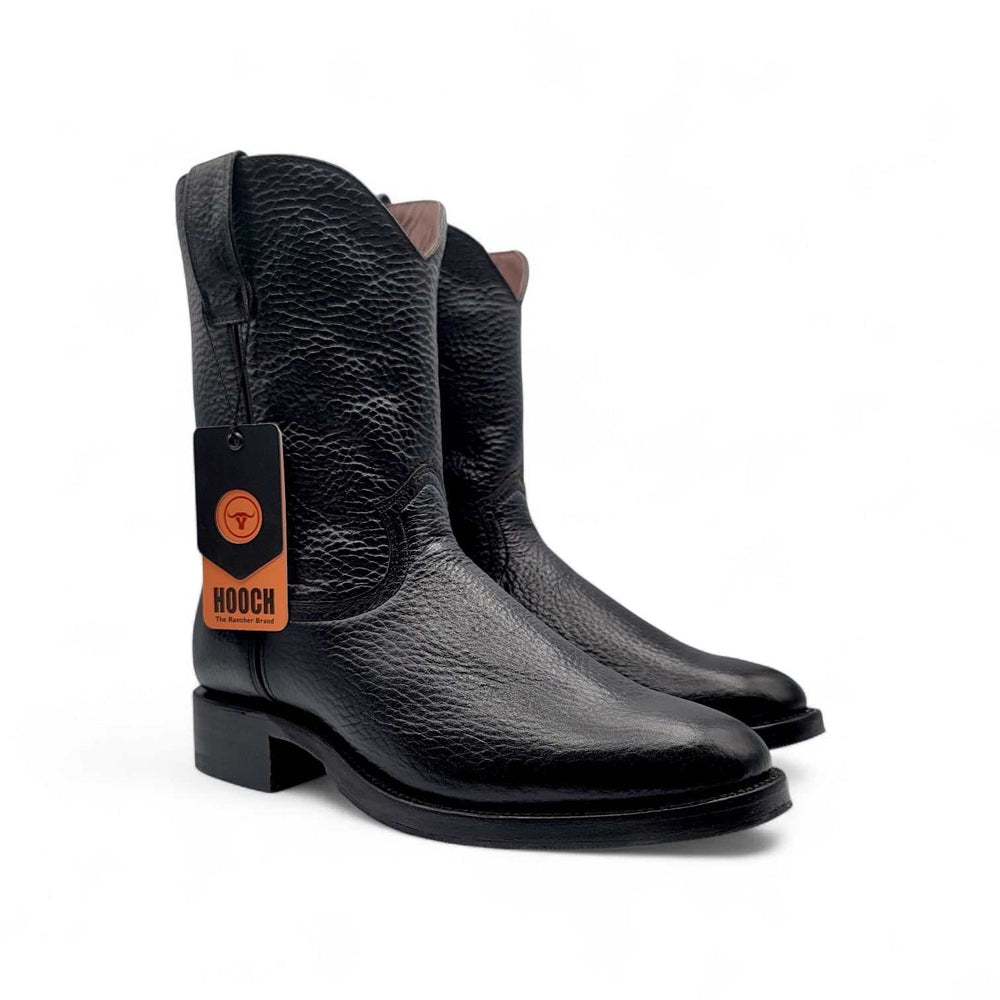 Hooch Boots Mens Roper Boot Black – Soft Genuine Leather Round Toe Western Boots
