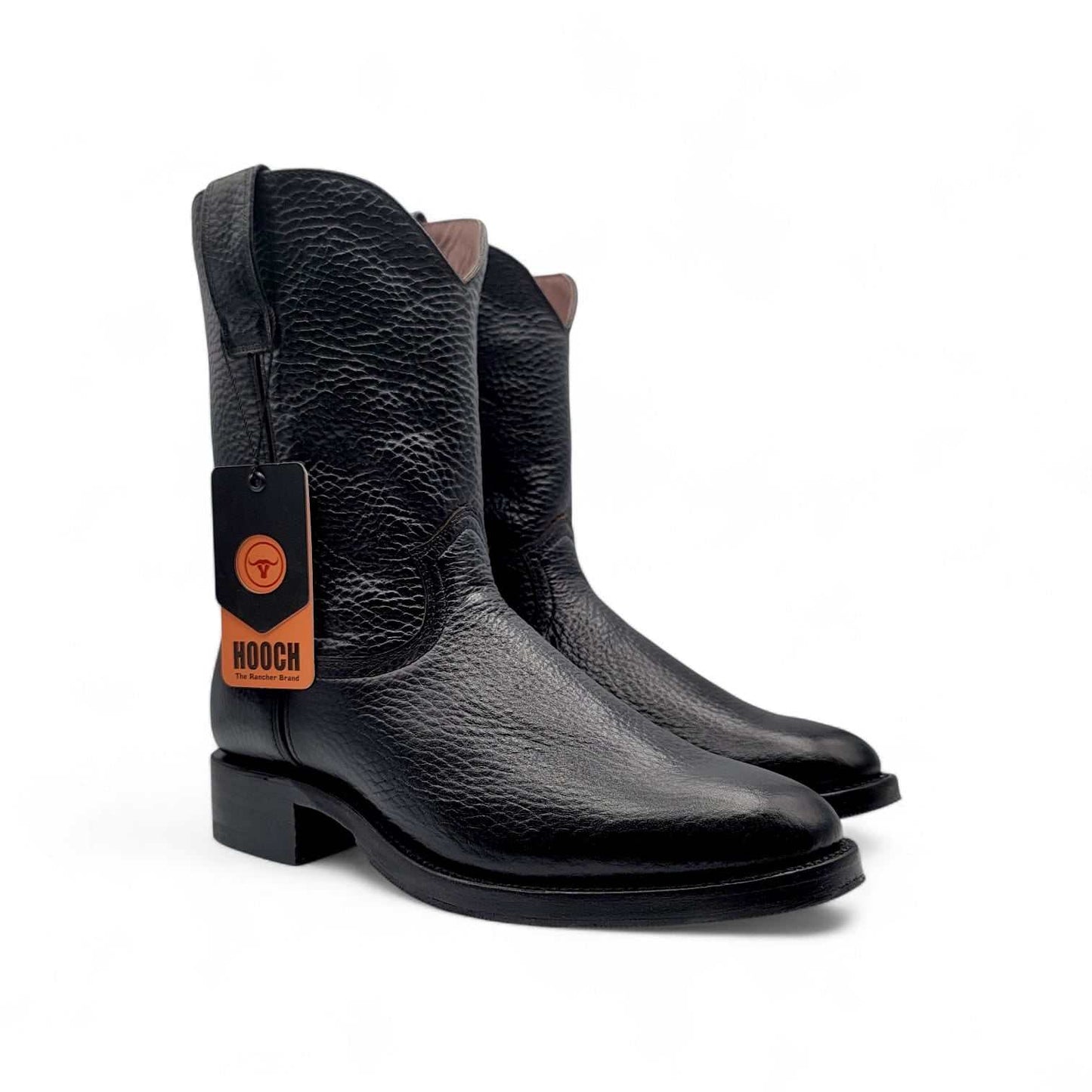 Hooch Boots Mens Roper Boot Black – Soft Genuine Leather Round Toe Western Boots