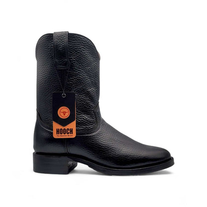 Hooch Boots Mens Roper Boot Black – Soft Genuine Leather Round Toe Western Boots