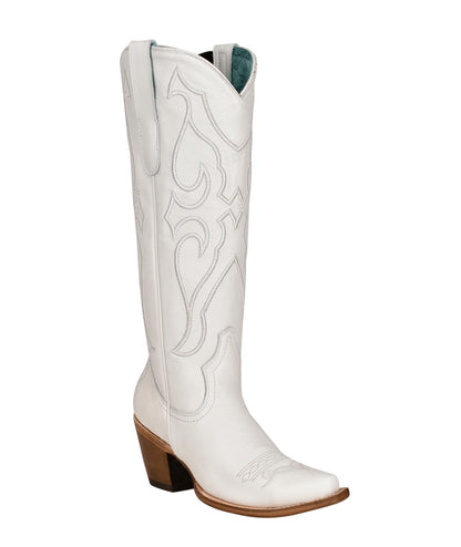 Women's Corral White Genuine Leather Boots with Pure Matching Stitch Pattern & Inlay Pullstraps