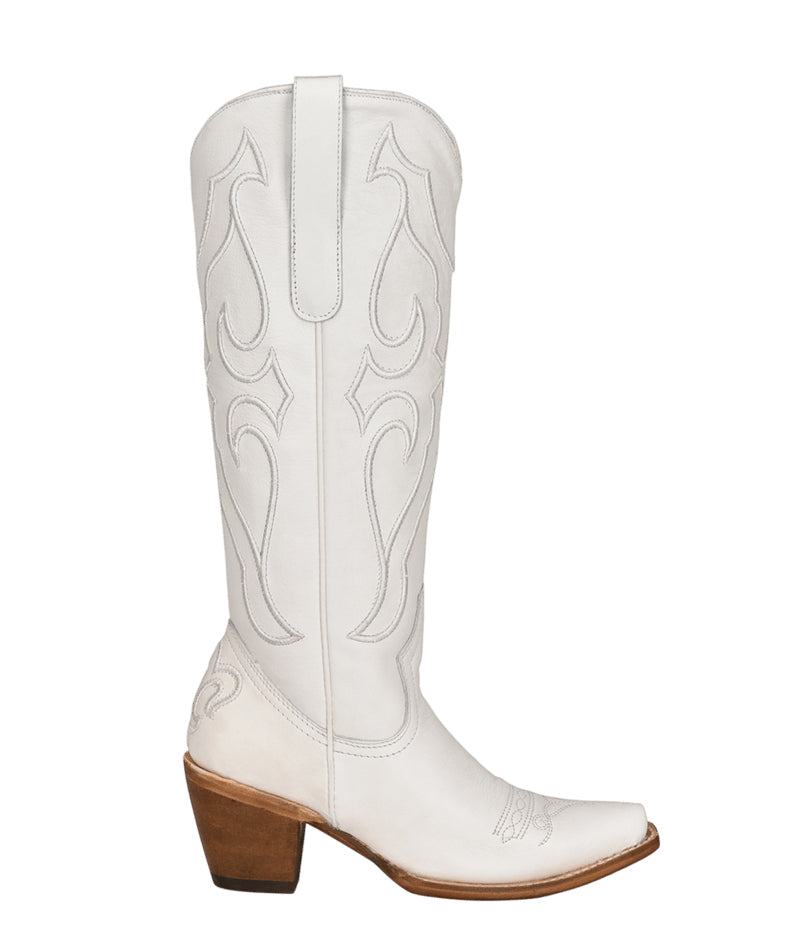 Women's Corral White Genuine Leather Boots with Pure Matching Stitch Pattern & Inlay Pullstraps