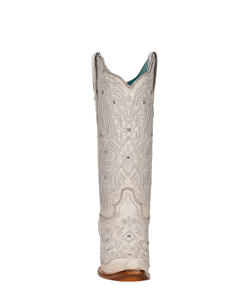 Women's Corral Bone Genuine Leather Boots with Embroidery & Crystals