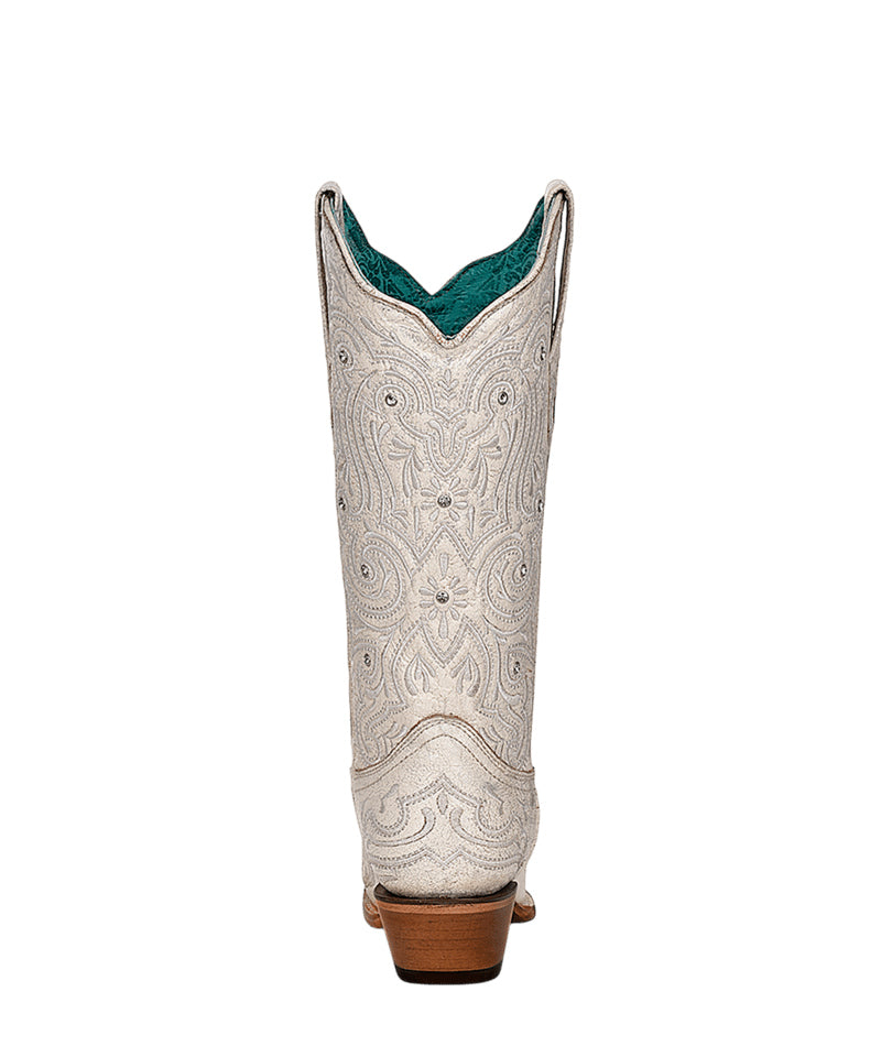 Women's Corral Bone Genuine Leather Boots with Embroidery & Crystals