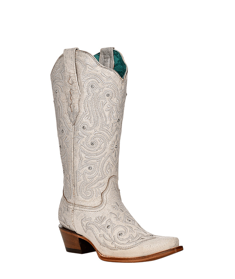 Women's Corral Bone Genuine Leather Boots with Embroidery & Crystals