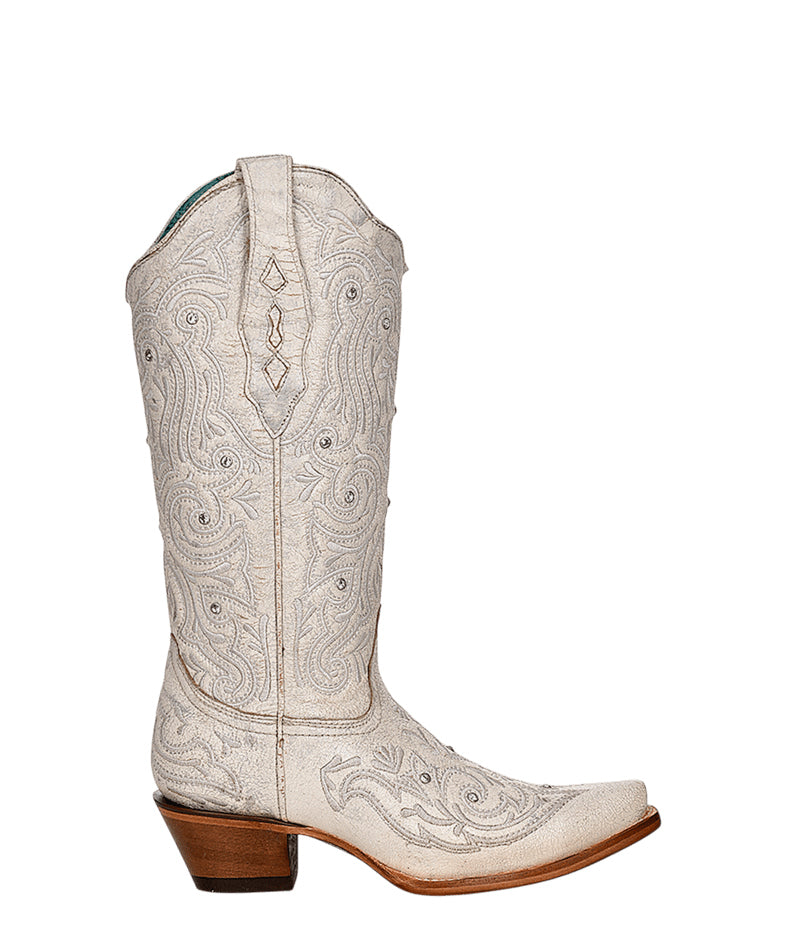 Women's Corral Bone Genuine Leather Boots with Embroidery & Crystals