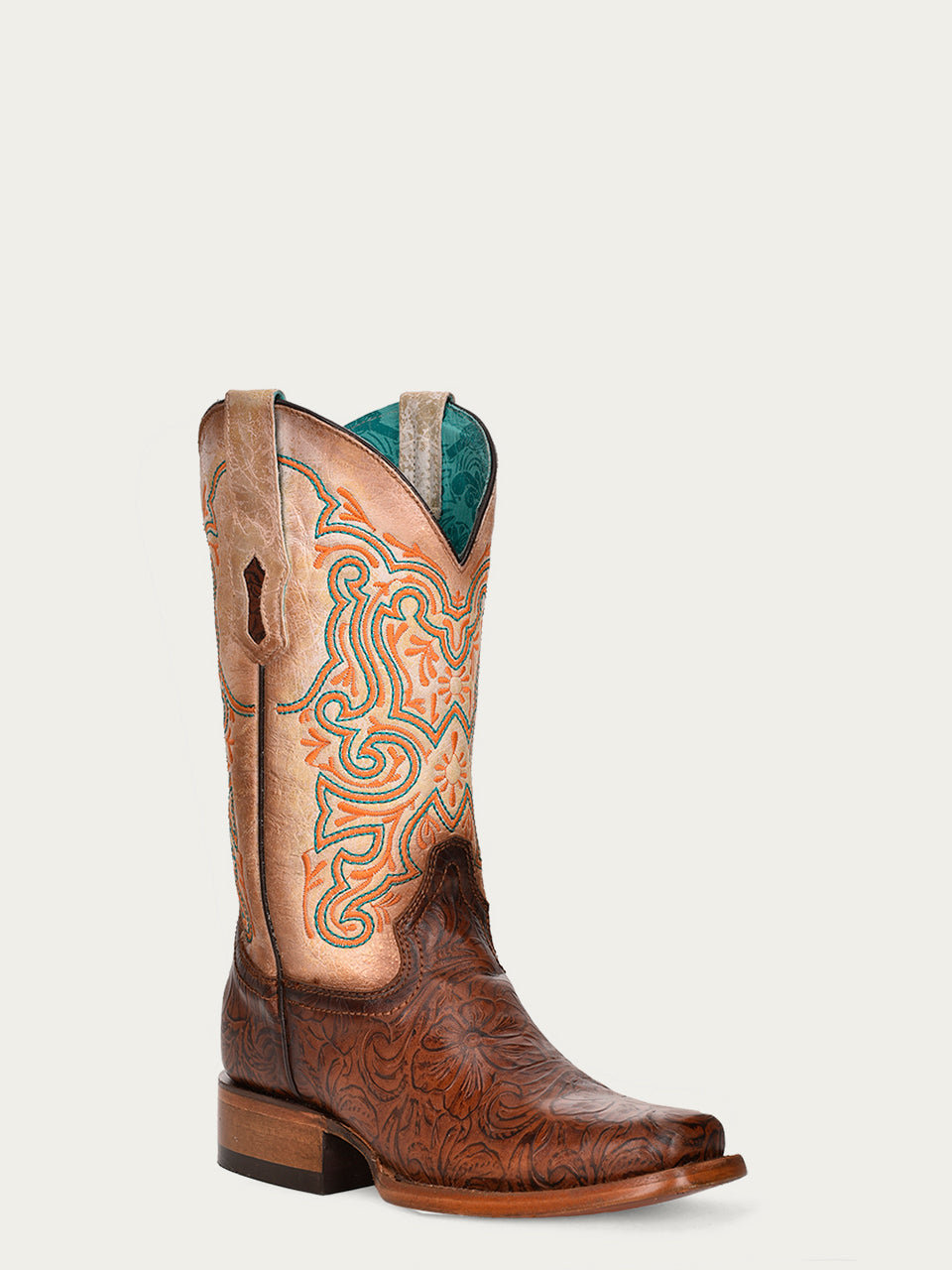 Women's Corral Brown Genuine Leather Boots with White Embroidery