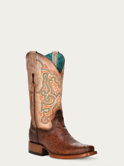 Women's Corral Brown Genuine Leather Boots with White Embroidery