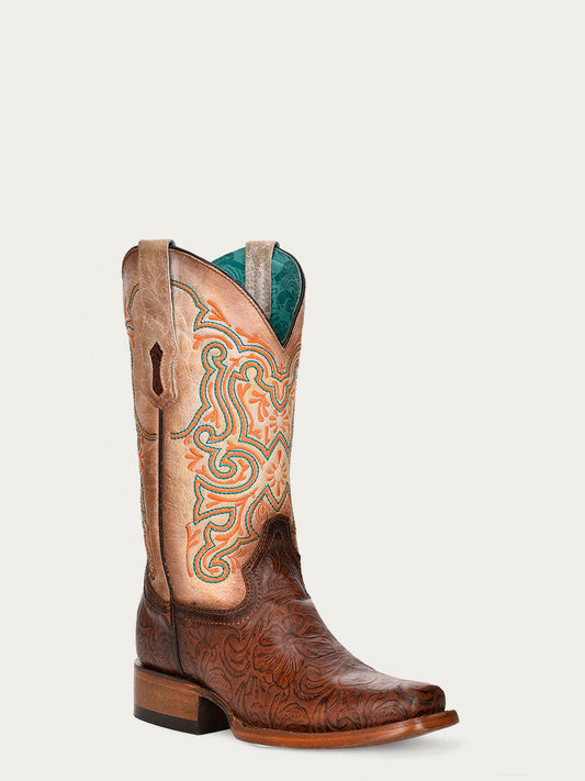 Women's Corral Brown Genuine Leather Boots with White Embroidery