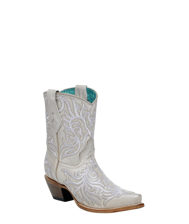 Women's Corral Bone Genuine Leather Boots with Embroidery Ankle Boot