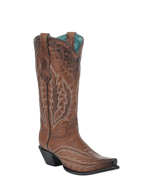Women's Corral Cognac Genuine Leather Boots with Embroidery
