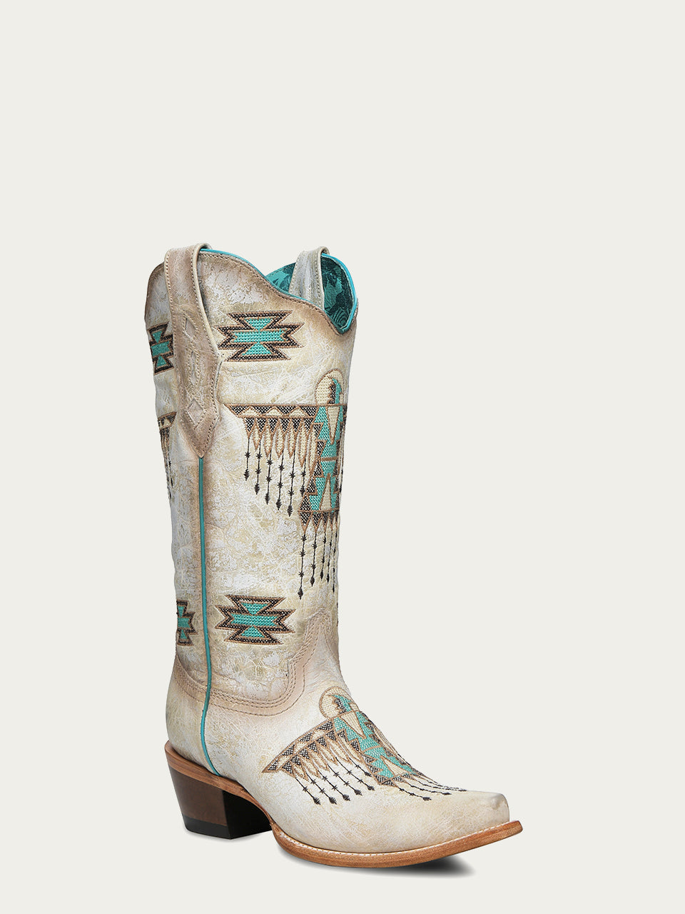 Women's Corral White Genuine Leather Boots with Turquoise Embroidery