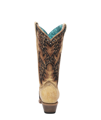 Women's Corral Straw Genuine Leather Boots with /BROWN Laser & Embroidery & Studs