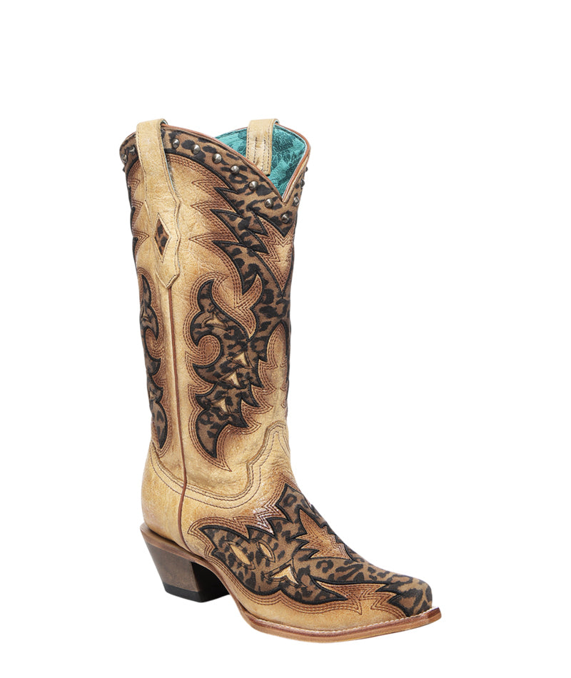 Women's Corral Straw Genuine Leather Boots with /BROWN Laser & Embroidery & Studs