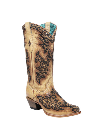 Women's Corral Straw Genuine Leather Boots with /BROWN Laser & Embroidery & Studs