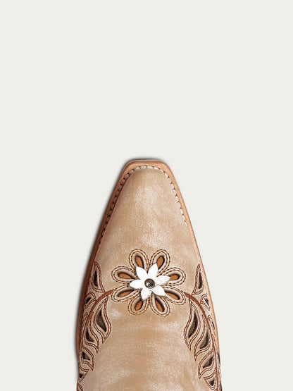 Women's Corral Straw Genuine Leather Boots with Laser & Flowers - Birds Inlay & Crystals Tall Top