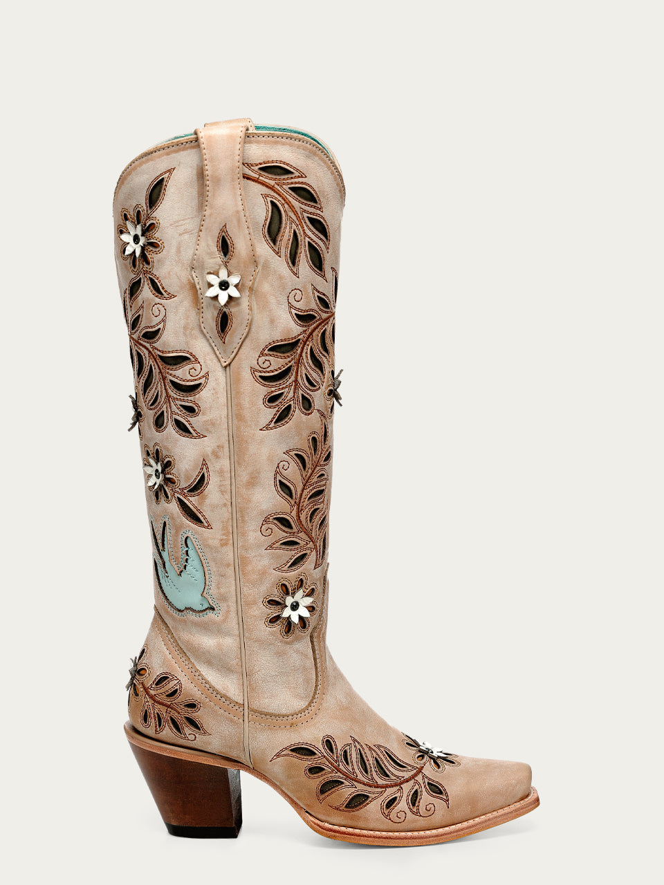 Women's Corral Straw Genuine Leather Boots with Laser & Flowers - Birds Inlay & Crystals Tall Top