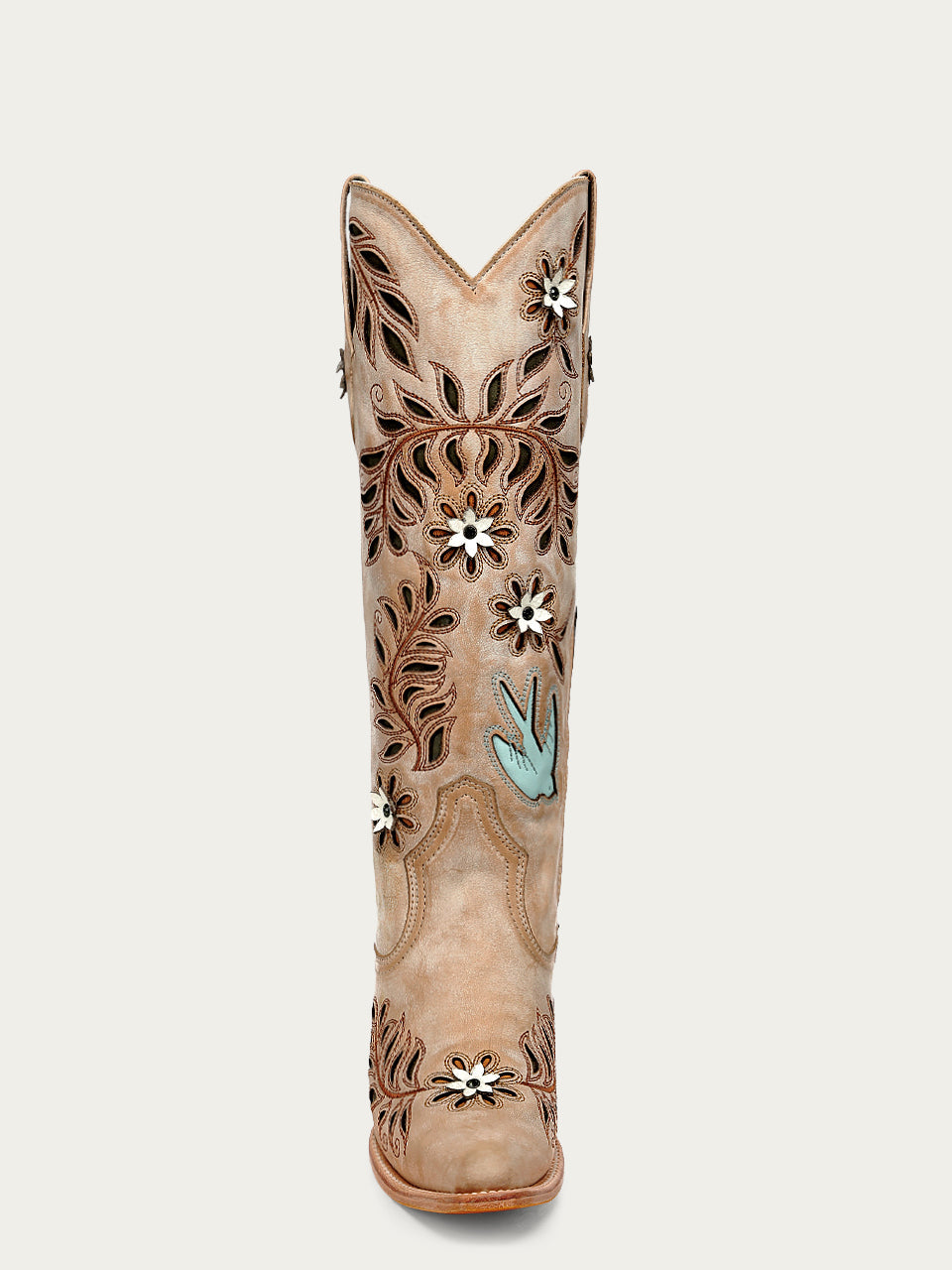 Women's Corral Straw Genuine Leather Boots with Laser & Flowers - Birds Inlay & Crystals Tall Top
