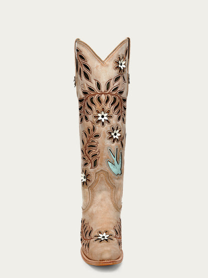 Women's Corral Straw Genuine Leather Boots with Laser & Flowers - Birds Inlay & Crystals Tall Top