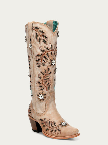 Women's Corral Straw Genuine Leather Boots with Laser & Flowers - Birds Inlay & Crystals Tall Top