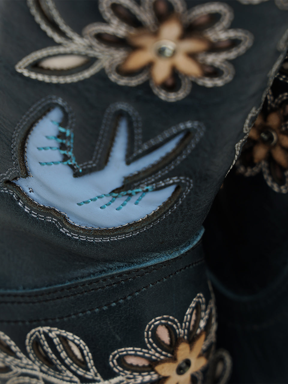Women's Corral Navy Blue Genuine Leather Boots with Laser & FLOWERS-BIRDS & Inlay & Crystals Tall Top