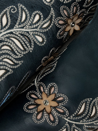Women's Corral Navy Blue Genuine Leather Boots with Laser & FLOWERS-BIRDS & Inlay & Crystals Tall Top