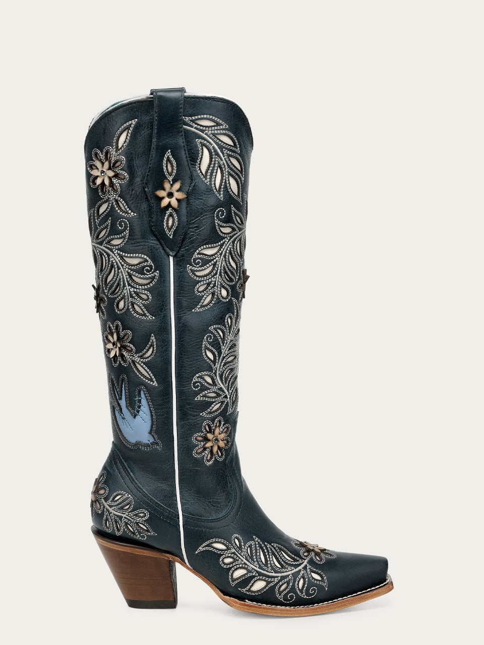 Women's Corral Navy Blue Genuine Leather Boots with Laser & FLOWERS-BIRDS & Inlay & Crystals Tall Top