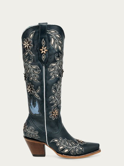 Women's Corral Navy Blue Genuine Leather Boots with Laser & FLOWERS-BIRDS & Inlay & Crystals Tall Top