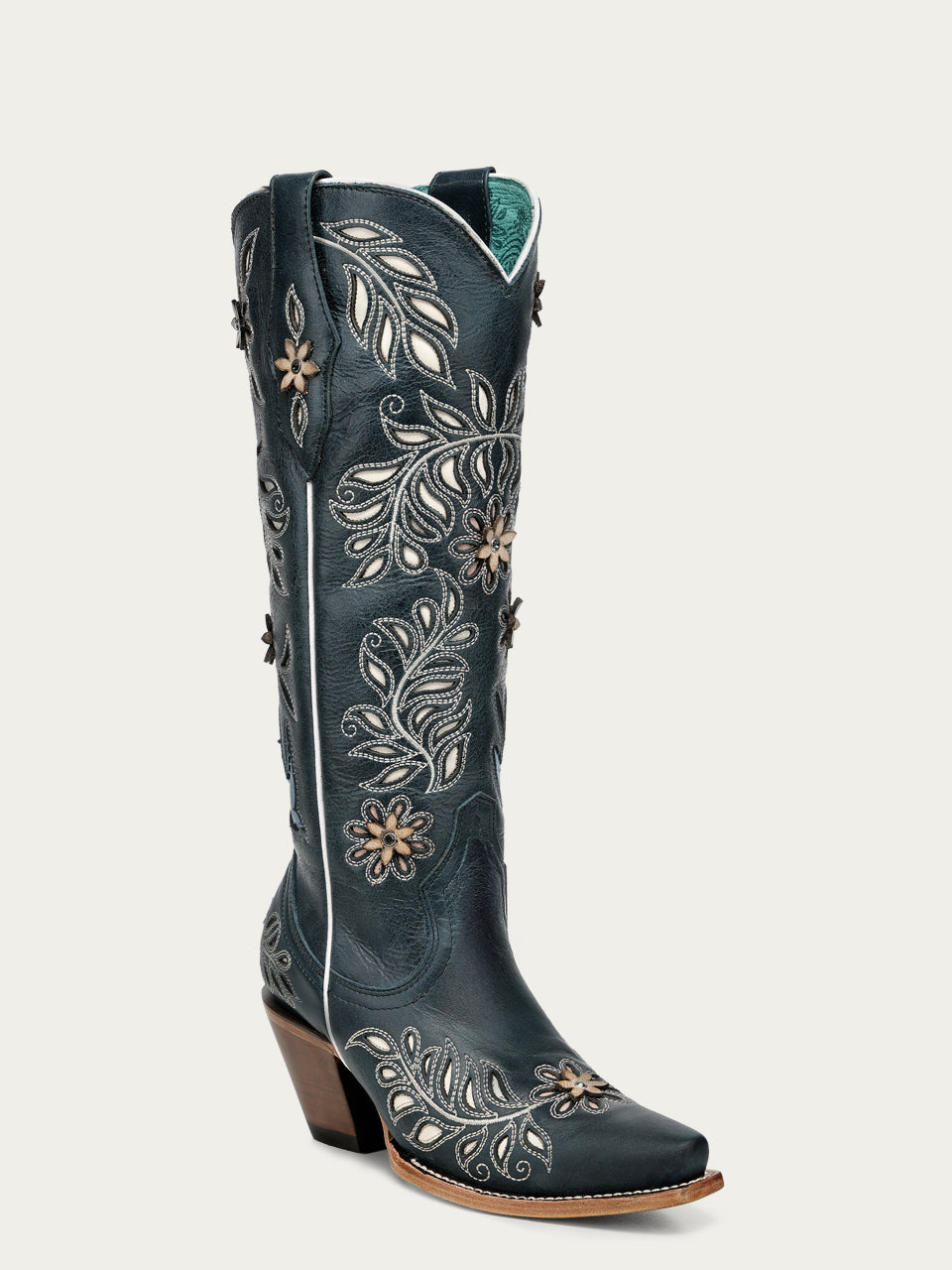 Women's Corral Navy Blue Genuine Leather Boots with Laser & FLOWERS-BIRDS & Inlay & Crystals Tall Top