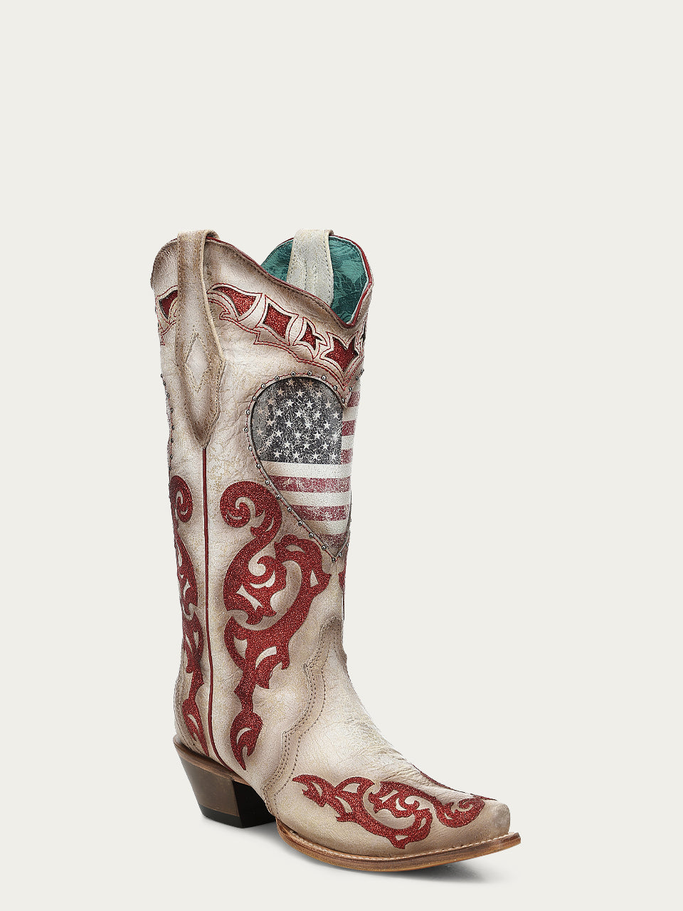 Women's Corral White Genuine Leather Boots with Patriotic Heart Inlay and Overlay Glitter Cowboy Boot