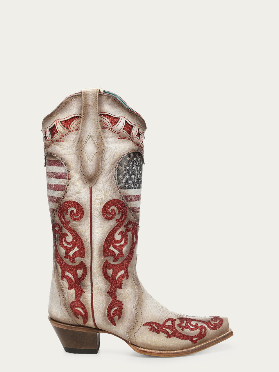 Women's Corral White Genuine Leather Boots with Patriotic Heart Inlay and Overlay Glitter Cowboy Boot