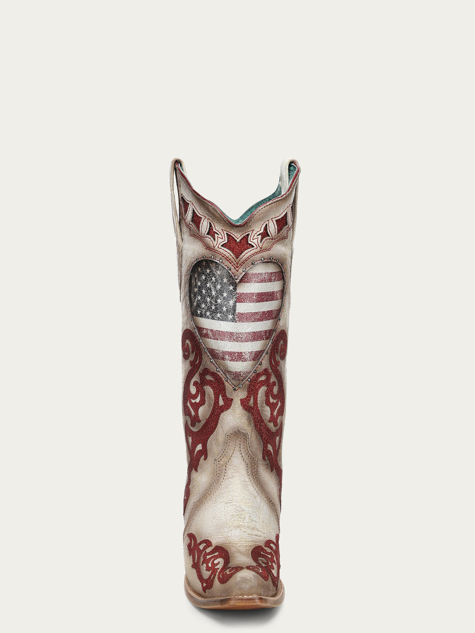 Women's Corral White Genuine Leather Boots with Patriotic Heart Inlay and Overlay Glitter Cowboy Boot
