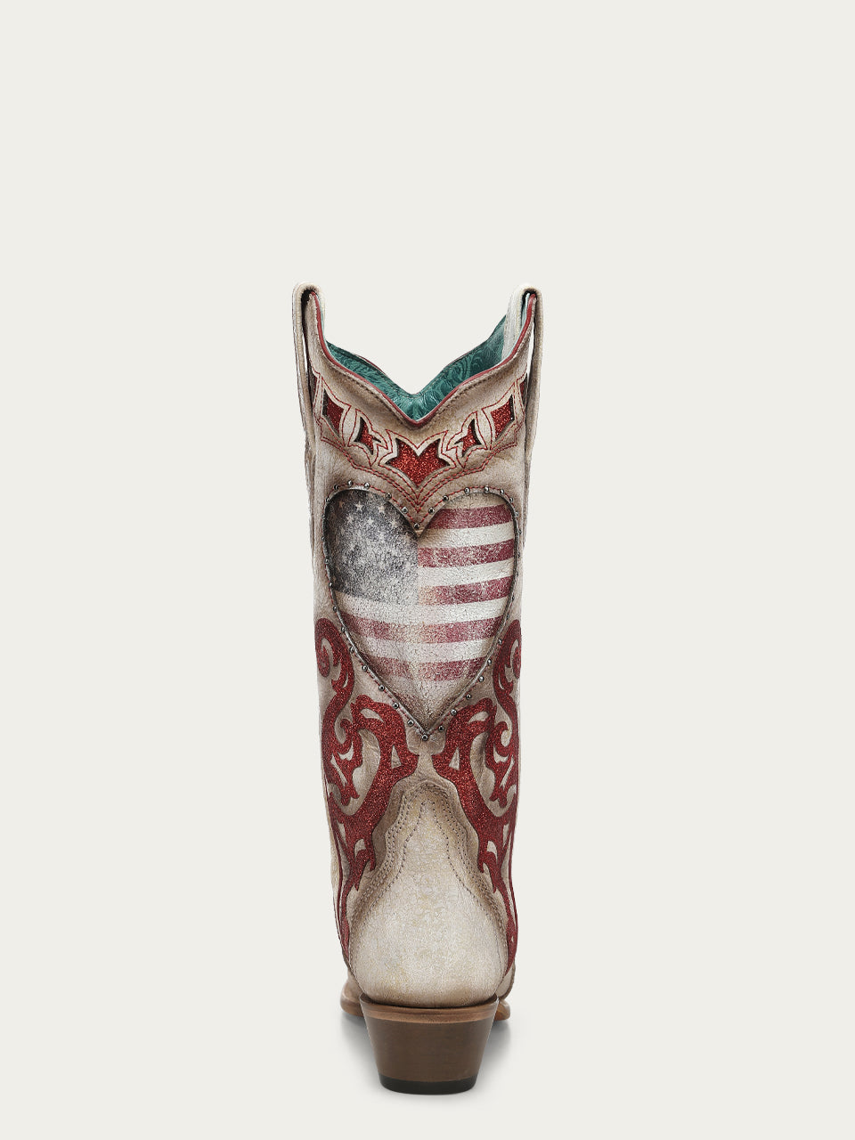 Women's Corral White Genuine Leather Boots with Patriotic Heart Inlay and Overlay Glitter Cowboy Boot