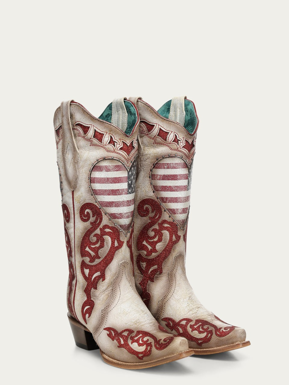 Women's Corral White Genuine Leather Boots with Patriotic Heart Inlay and Overlay Glitter Cowboy Boot