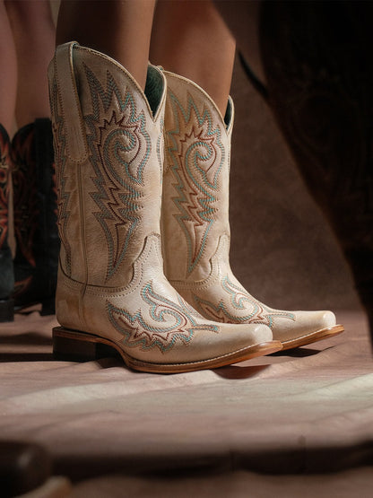Women's Corral Bone Genuine Leather Boots with Straw Flames Embroidery