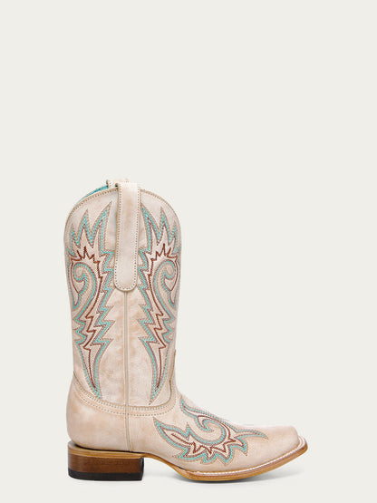Women's Corral Bone Genuine Leather Boots with Straw Flames Embroidery