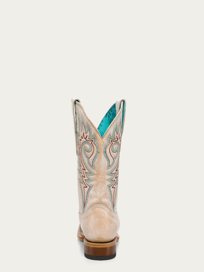 Women's Corral Bone Genuine Leather Boots with Straw Flames Embroidery