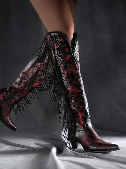 Women's Corral Red Genuine Leather Boots with Overlay & Embroidery & Fringe Tall Top