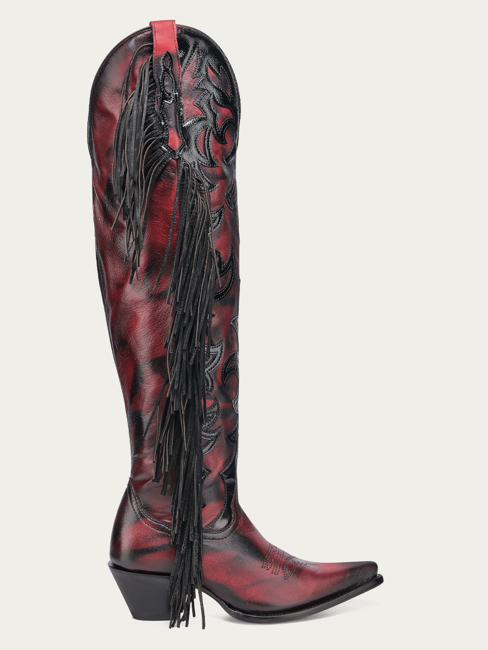 Women's Corral Red Genuine Leather Boots with Overlay & Embroidery & Fringe Tall Top