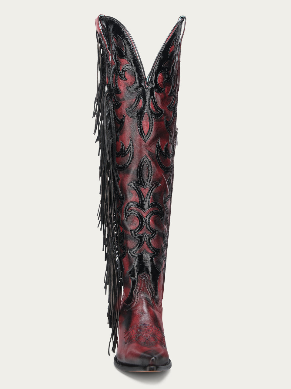 Women's Corral Red Genuine Leather Boots with Overlay & Embroidery & Fringe Tall Top