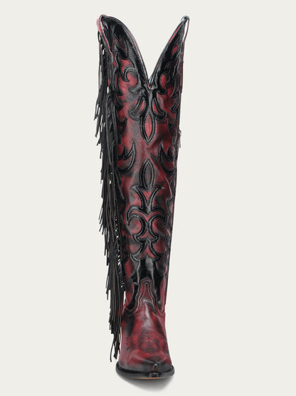 Women's Corral Red Genuine Leather Boots with Overlay & Embroidery & Fringe Tall Top