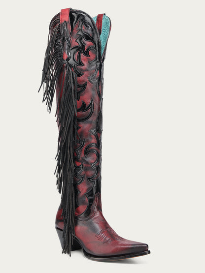 Women's Corral Red Genuine Leather Boots with Overlay & Embroidery & Fringe Tall Top