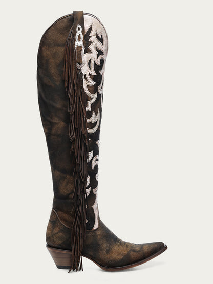 Women's Corral Brown Genuine Leather Boots with Overlay & Embroidery & Fringe Tall Top