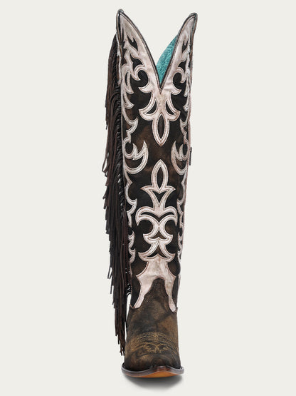 Women's Corral Brown Genuine Leather Boots with Overlay & Embroidery & Fringe Tall Top