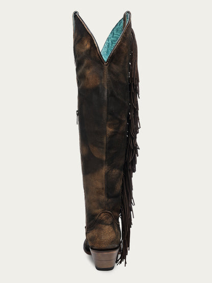 Women's Corral Brown Genuine Leather Boots with Overlay & Embroidery & Fringe Tall Top