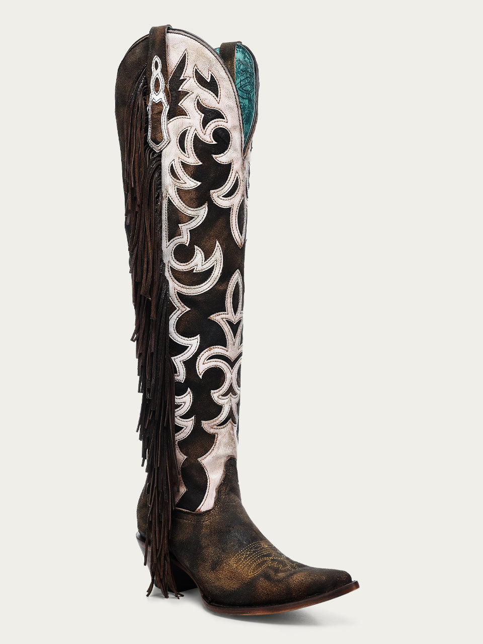 Women's Corral Brown Genuine Leather Boots with Overlay & Embroidery & Fringe Tall Top