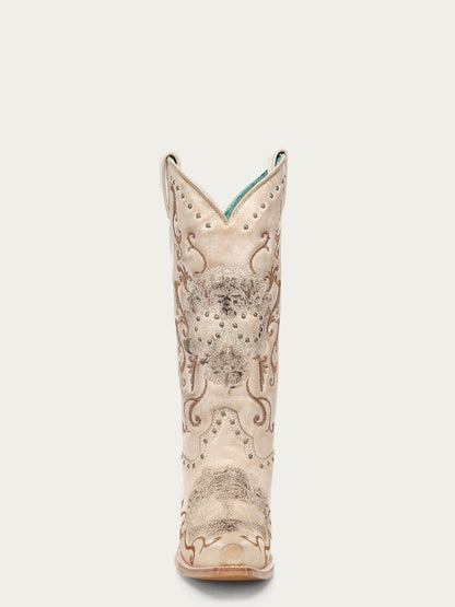 Women's Corral Straw Genuine Leather Boots with Floral Skull Embroidery & Studs