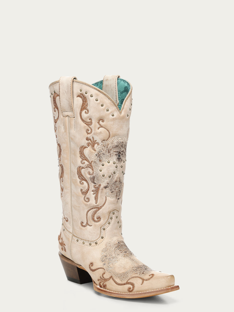 Women's Corral Straw Genuine Leather Boots with Floral Skull Embroidery & Studs